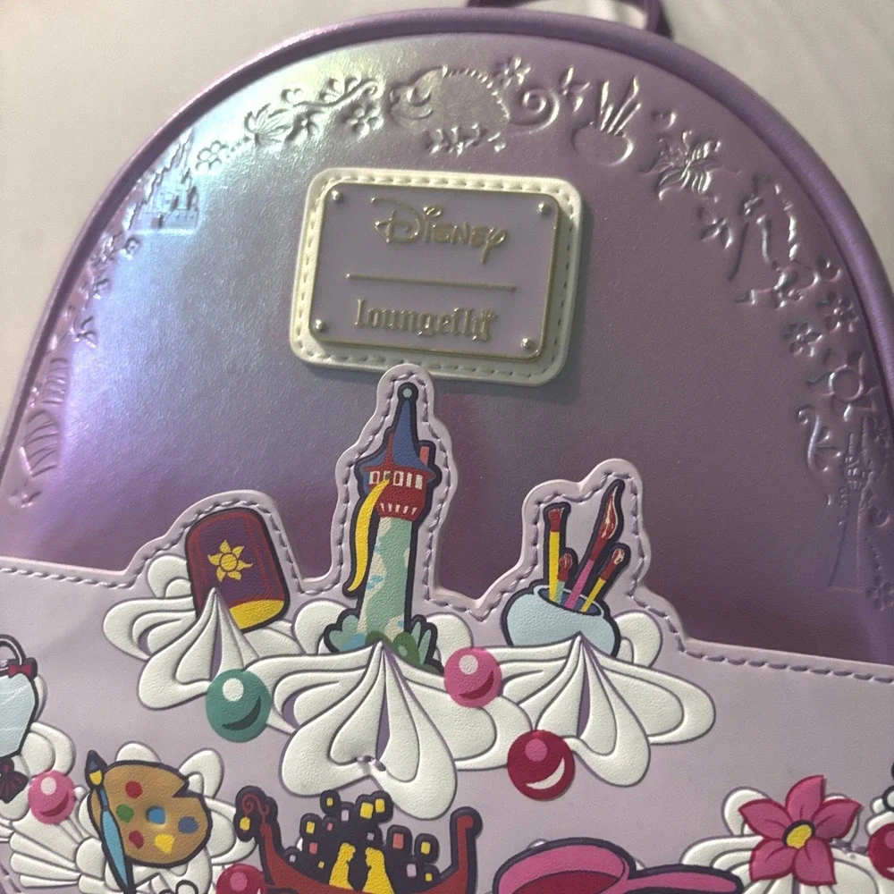Disney Loungefly Tangled Rapunzel Birthday Cake Mini Backpack Iridescent Purple